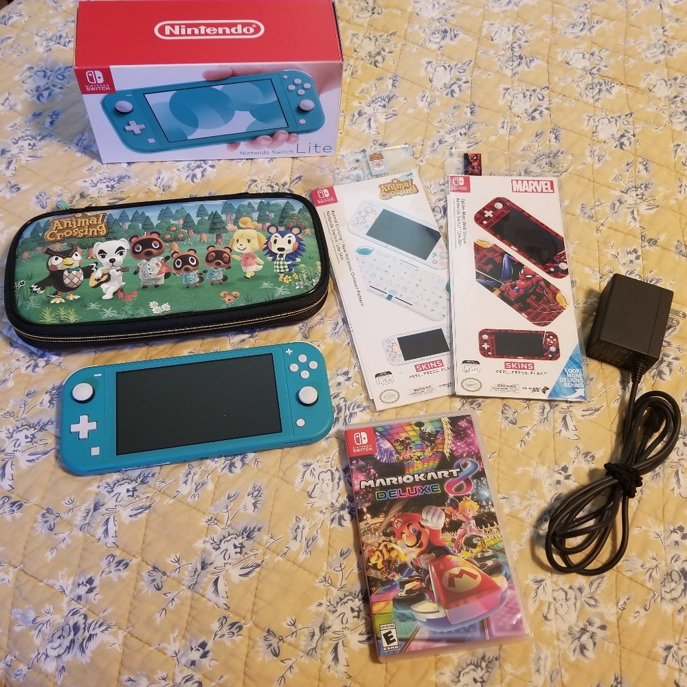 Nintendo Switch Lite Turquoise W/ Mario Game & Spiderman/Animal Crossing Access.